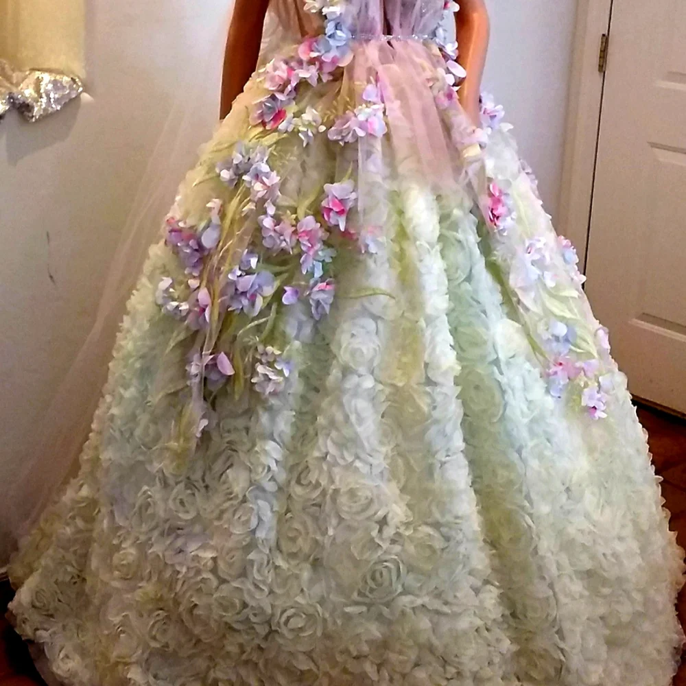 SAMPLE GOWN-HYACINTH Watercolor Rainbow Flower Woodland Princess Bridal Gown Set - Picture 3 of 13